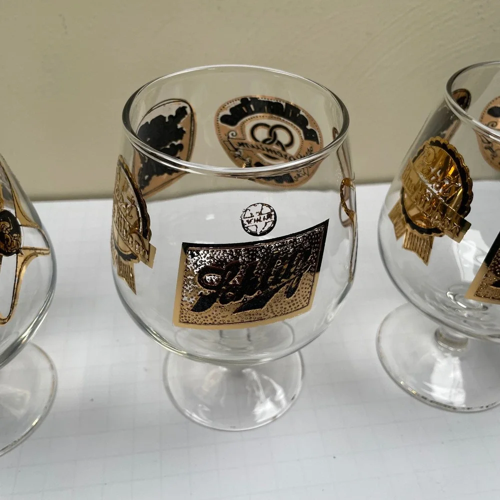 VTG Pabst Blue Ribbon PBR‎ Beer Glass Set 4 Gold MCM Brewery Promo Barware